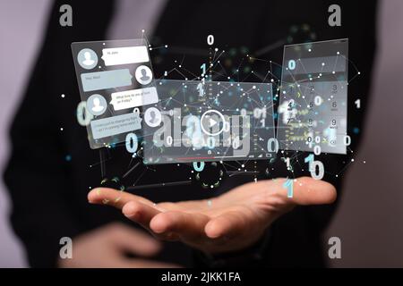 a shot of develop interface web application flying over mans hand Stock Photo
