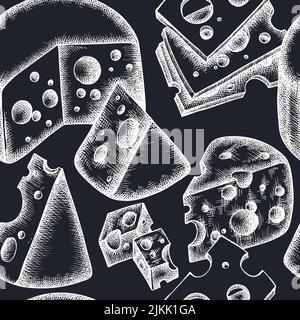 Cheese seamless pattern background design. Engraved style. Hand drawn maasdam. Stock Vector