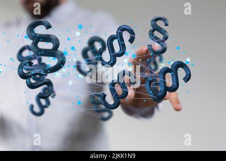 A businessman on a blurry background touching blue 3D rendering law paragraph symbols Stock Photo