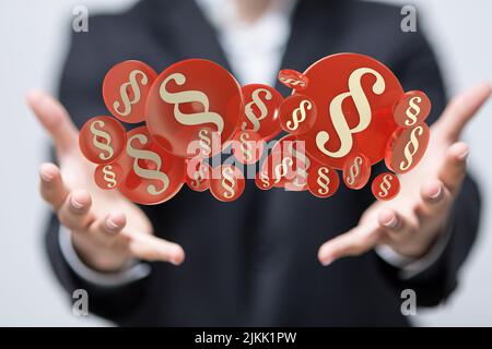 A digital concept of law and justice with floating law symbols on a hands Stock Photo