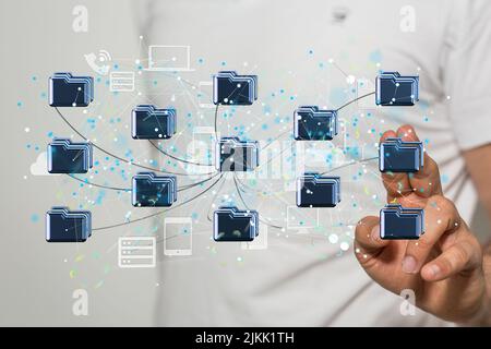 Data cloud storage network from lines, triangles and particle style design. Stock Photo