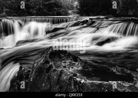 A grayscale shot landscape of waterfalls foam water flowing on rocks in the forest Stock Photo