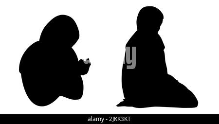 Silhouette of a Muslim woman with her palm open praying to Allah wearing a hijab Stock Vector