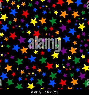 Stars. Colors of the LGBT rainbow flag. Seamless vector pattern. Isolated black background. Flat style. Endless ornament of multi-colored stars. Stock Vector