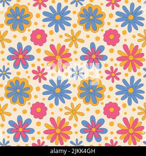 Seamless pattern with retro psychedelic daisy flowers. Stock Vector