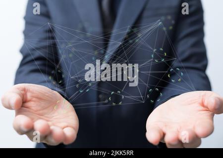 A 3D illustration of the global digital network connection concept in the hands Stock Photo