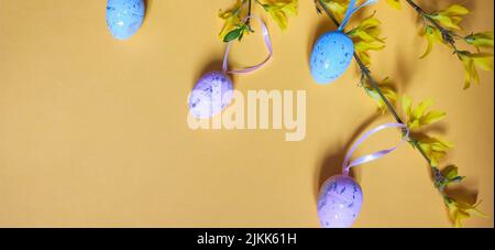a Blue and pink Easter egg decorations hanging on yellow shrub branches with blooming flowers on a yellow background. Stock Photo