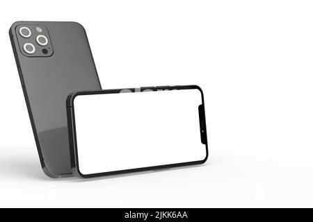 A 3d rendered modern black smartphone on a white background with space for text Stock Photo