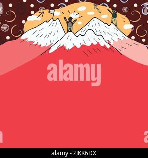 Message Presented Underneath Men Hiking On Top Of Mountains With Snow. Two Hikers Climbing On Cliffs To Reach A Goal. Climbers Going Up With Clouds In Stock Vector
