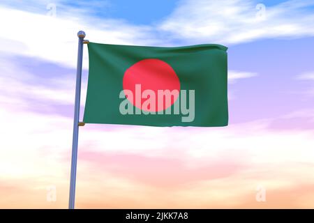 Waving flag of Bangladesh with chrome flag pole in blue sky waving in the wind. High resolution flag with clarity. 3D illustration Stock Photo