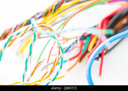 Internet and electric cable on the white background, high angle view Stock Photo
