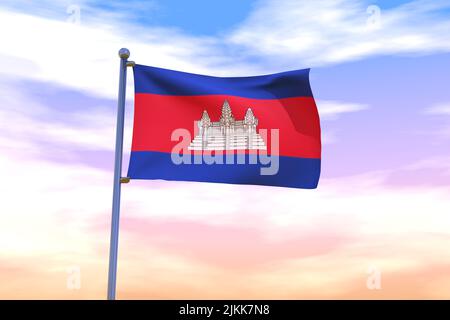 Waving flag of Cambodia with chrome flag pole in blue sky waving in the ...