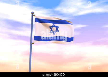 Waving flag of Israel with chrome flag pole in blue sky waving in the ...