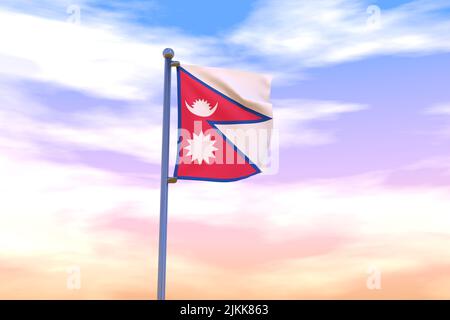 Waving flag of Nepal with chrome flag pole in blue sky waving in the wind. High resolution flag with clarity. 3D illustration Stock Photo