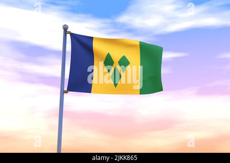 Waving flag of Saint Vincent and The Grenadines with chrome flag pole in blue sky waving in the wind. High resolution flag with clarity. 3D illustrati Stock Photo