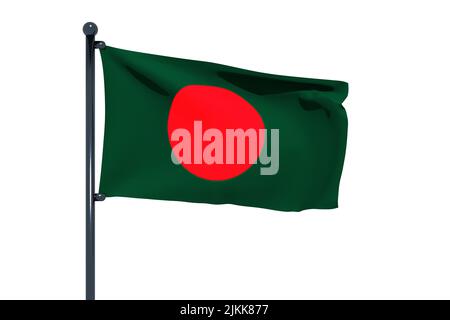 3D illustration of flag of Bangladesh with chrome flag pole with snap hooks Waving in blue sky. White background via an alpha channel of great precisi Stock Photo