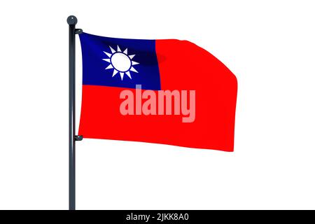 3D illustration of flag of Taiwan with chrome flag pole with snap hooks Waving in blue sky. White background via an alpha channel of great precision. Stock Photo