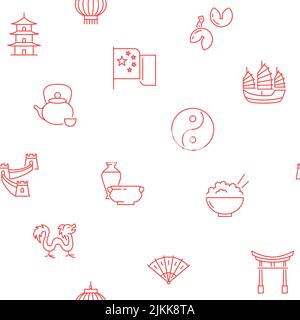 China seamless pattern in line style. Chinese culture traditional symbols. Vector illustration. Stock Vector