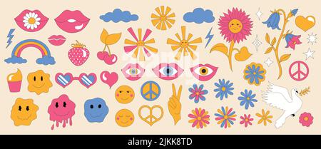 Summer simple minimalist flowers. 1970 good vibes. Retro set. Stock Vector