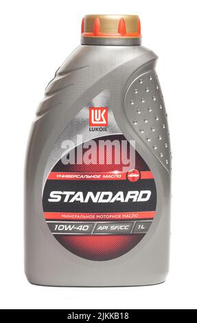 Moscow, Russia, July 31,2022: LUKOIL Standard SF CC 10W-40 Mineral Engine Oil. Stock Photo