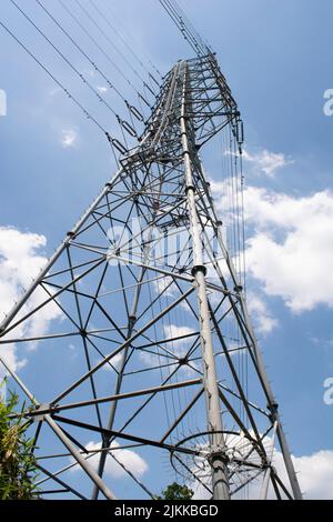 Low angle shot of Electricity tower for tansmission line in Japan. Stock Photo
