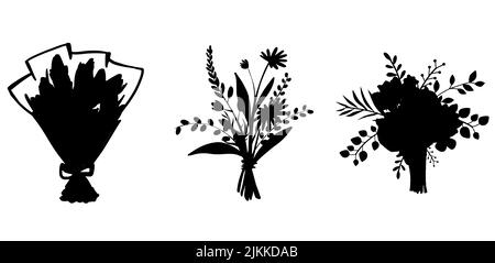 Set of different beautiful bouquets with garden and wild flowers vector black silhouette. Collection of various blooming plants with stems and leaves Stock Vector