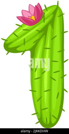 Cartoon cactus number 1 with flower font kids numbers. Green figure One Stock Vector