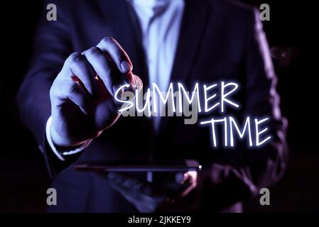 Text showing inspiration Summer Time. Business showcase Longer daylight Tropical season Beach activities Vacation Hand With Pen Pointing Important Stock Photo