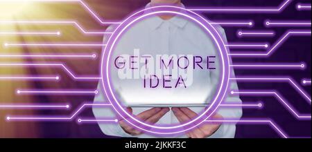 Writing displaying text Get More Idea. Business concept Random Input Mind Map Picture Mock up Surveys Visualization Woman Holding Tablet In Digital Stock Photo