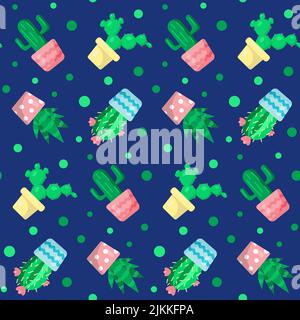 Seamless pattern with green cactuses in pots. Funny cartoon print. Home and domestic plants, cozy and cute background. Print for textile, gift wrap Stock Vector