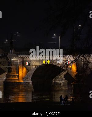 A scenic shot of the Albert bridge over the lake in the park during the night Stock Photo