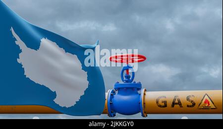Antarctica gas, valve on the main gas pipeline Antarctica, Pipeline with flag Antarctica, Pipes of gas from Antarctica, 3D work and 3D image Stock Photo
