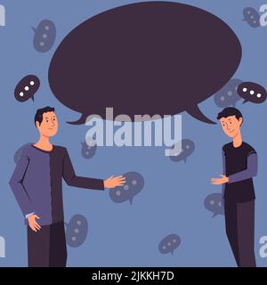 Two Colleagues Standing Discussing New Ideas With Speech Bubble. Business Partners Debate Work Plans Presented In Conversation Ballon. Gentlemen Stock Vector