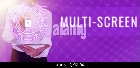 Hand writing sign Multi Screen. Internet Concept Having or involving several screen especially in a cinema Businessman in suit holding notepad Stock Photo