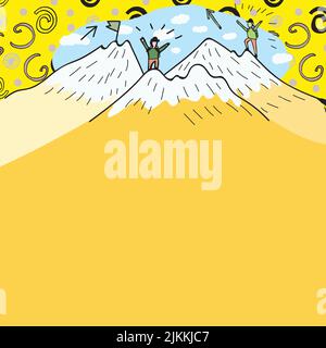 Message Presented Underneath Men Hiking On Top Of Mountains With Snow. Two Hikers Climbing On Cliffs To Reach A Goal. Climbers Going Up With Clouds In Stock Vector