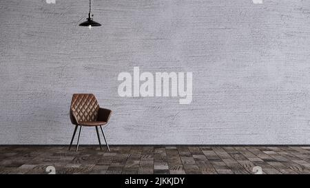 A small brown chair on parquet floor with gray wall and small lamp over Stock Photo