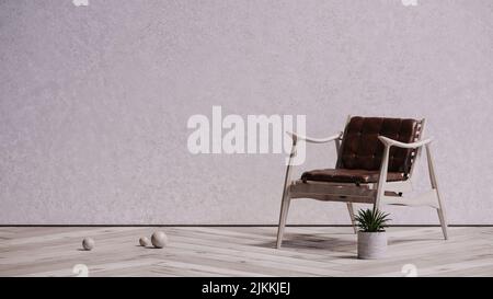 A beautiful modern chair with gray parquet floor and gray wall with small plant pot on floor Stock Photo
