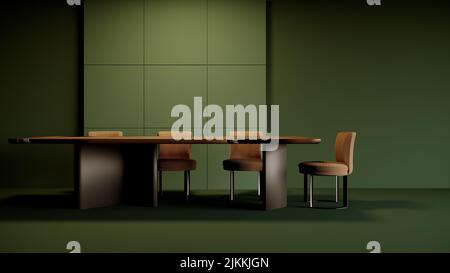 A shot of long wooden meetings table with four chairs in a green colored room Stock Photo