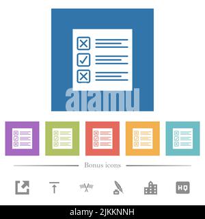 Questionnaire paper solid flat white icons in square backgrounds. 6 bonus icons included. Stock Vector