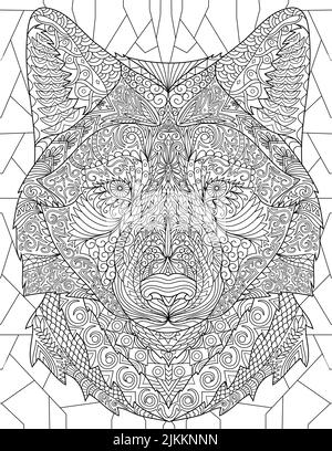 Coloring Book Page With Big Frightening Wolf Head Line Drawing Looking Far Away. Sheet To Be Colored With Large Disturbing Dog Face Drawing Staring Stock Vector