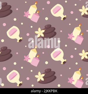 Seamless pattern with SPA and beauty care elements. Meditation, relaxation, health care and massage concept. Endless design in pastel light colors Stock Vector