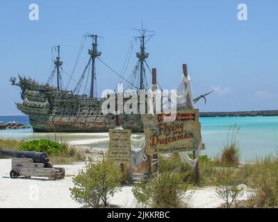 A replica of the Flying Dutchman ship on Disney's private island Castaway Cay Stock Photo