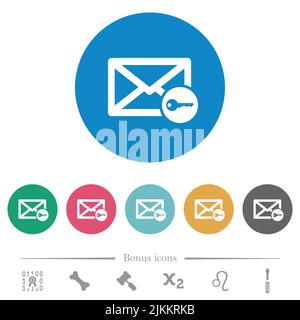 Secure mail flat white icons on round color backgrounds. 6 bonus icons included. Stock Vector