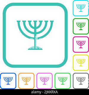 Menorah solid vivid colored flat icons in curved borders on white background Stock Vector