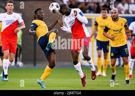 Heverlee, Belgium. 02nd Aug, 2022. Union's Lazare Amani and Rangers' Glen Kamara fight for the ball during a match between Belgian soccer team Royale Union Saint-Gilloise and Scottish Rangers FC, Tuesday 02 August 2022 in Heverlee, the first leg in the third qualifying round of the UEFA Champions League competition. BELGA PHOTO LAURIE DIEFFEMBACQ Credit: Belga News Agency/Alamy Live News Stock Photo
