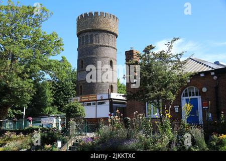 Crampton Tower, a local history museum, for rail & train exhibits and models in a historic water supply tower, on the Broadway, Broadstairs, Kent Stock Photo