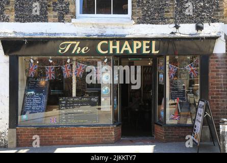 Quirky pub and bookshop, The Chapel, where the bar is an altar, located in the grade 2 listed St Mary's Chapel, on Albion Street, in Broadstairs, Kent Stock Photo