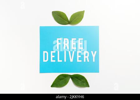 Writing displaying text Free Delivery. Business concept Shipping Package Cargo Courier Distribution Center Fragile Blank Color Paper With Leaves Stock Photo