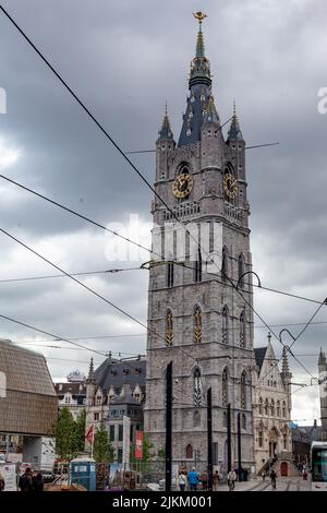 A vertical shot of historical flemish buildings in downtown Ghent, Belgium, Europe Stock Photo