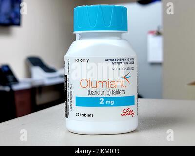A Olumiant 2mg Tablets, Brand name Baricitinib. drug for the treatment of rheumatoid arthritis Stock Photo